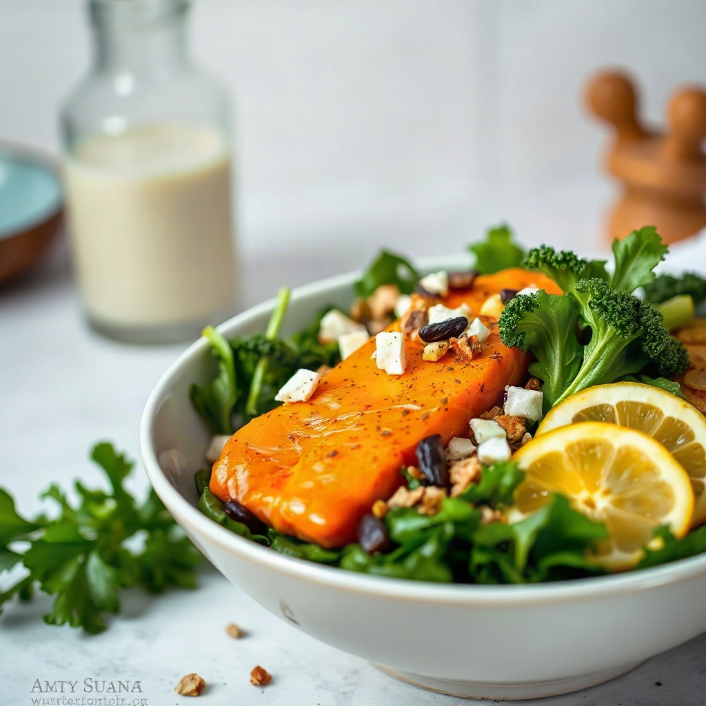 Anti-Inflammatory Salmon Bowl: Turmeric, Greens & Omega-3s 6 A bowl of Anti-Inflammatory Salmon Bowl topped with turmeric, greens, and garnishes, presented for serving.