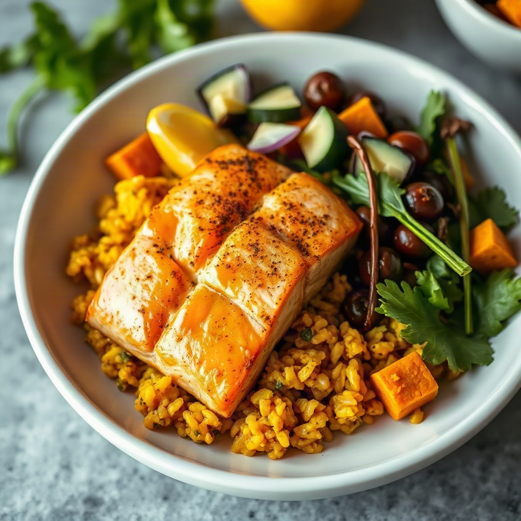 A plated anti-inflammatory salmon bowl featuring turmeric and greens, highlighting the dish's vibrant colors.