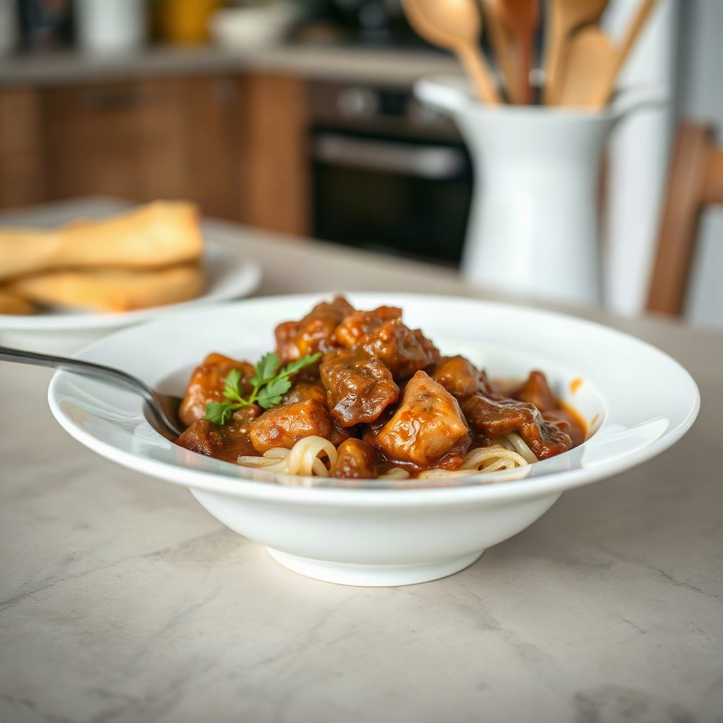 Plated authentic German goulash featuring tender beef in a rich brown sauce.