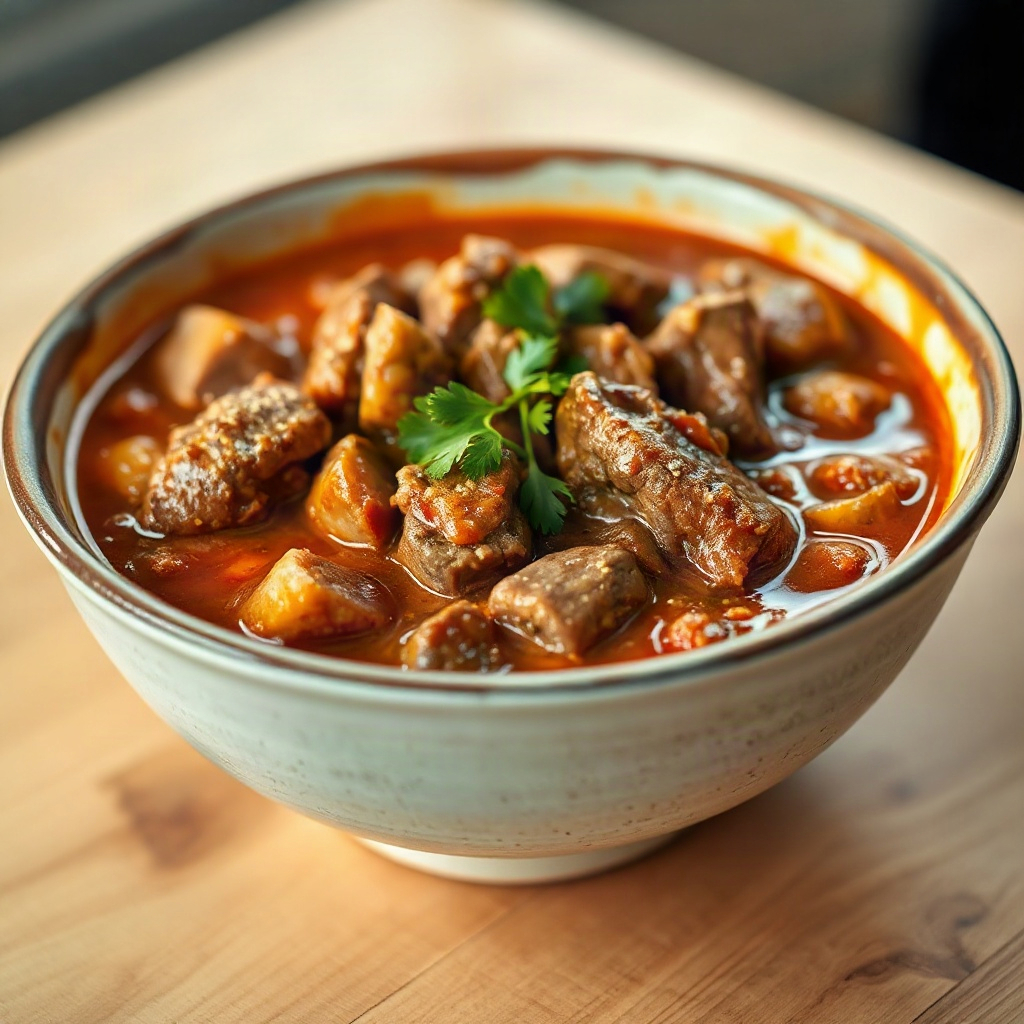 Authentic German Goulash (Rindergulasch) 6 A bowl of authentic German goulash served with a sprinkle of fresh herbs, showcasing the dish's rich color and texture.
