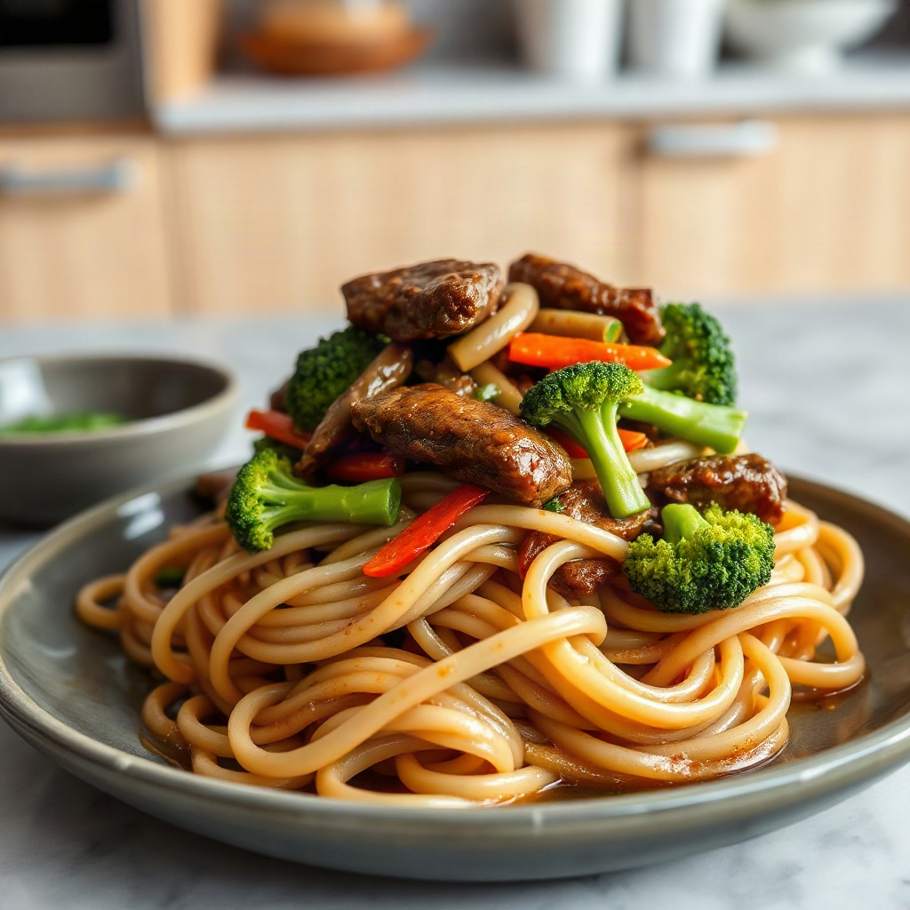 Beef and Broccoli Lo Mein Noodles 4 Raw ingredients for beef and broccoli lo mein, including beef strips, broccoli florets, and noodles in small bowls on a cutting board.