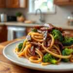 Plated beef and broccoli lo mein noodles with tender beef and bright green broccoli.