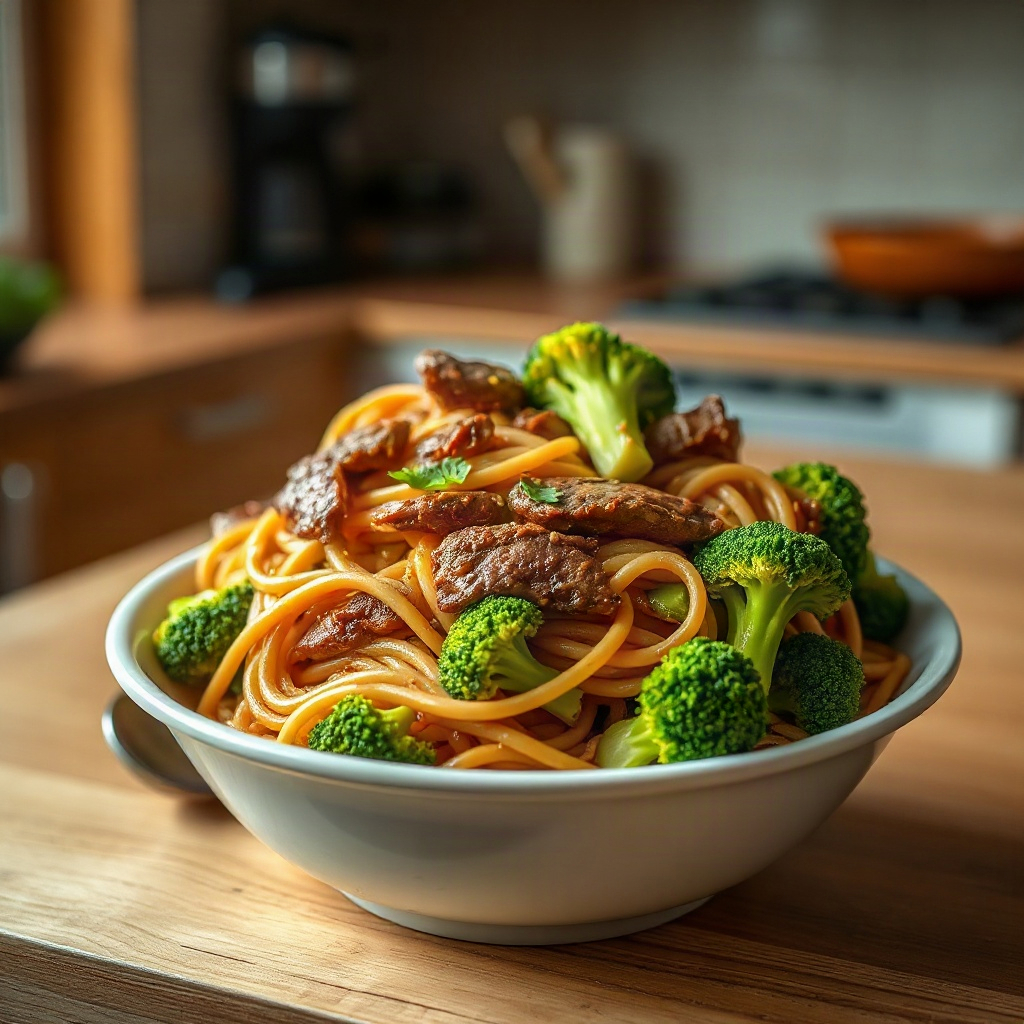 Beef and Broccoli Lo Mein Noodles 6 Served beef and broccoli lo mein noodles topped with green onions in a bowl.