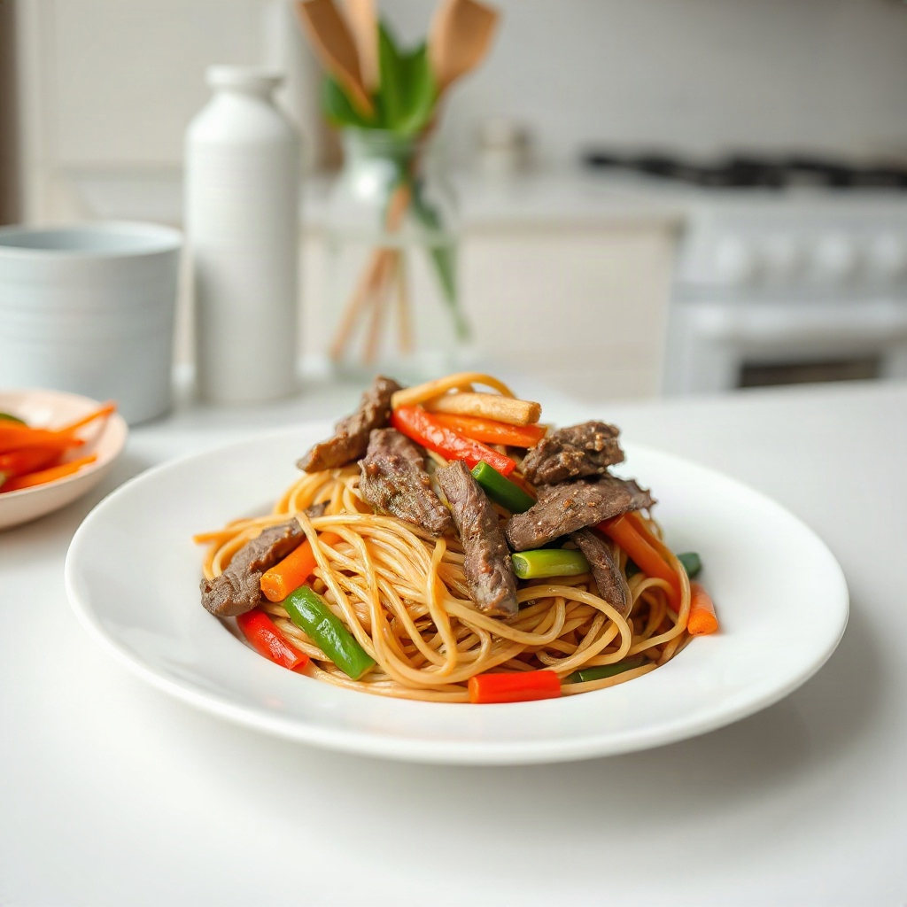 Easy 30-min. Beef Lo Mein 4 Raw ingredients for easy beef lo mein, including small bowls of vegetables and spices on a cutting board.