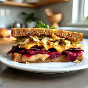 A finished beet Reuben sandwich, layered with vibrant beets and sauerkraut, on a plate.