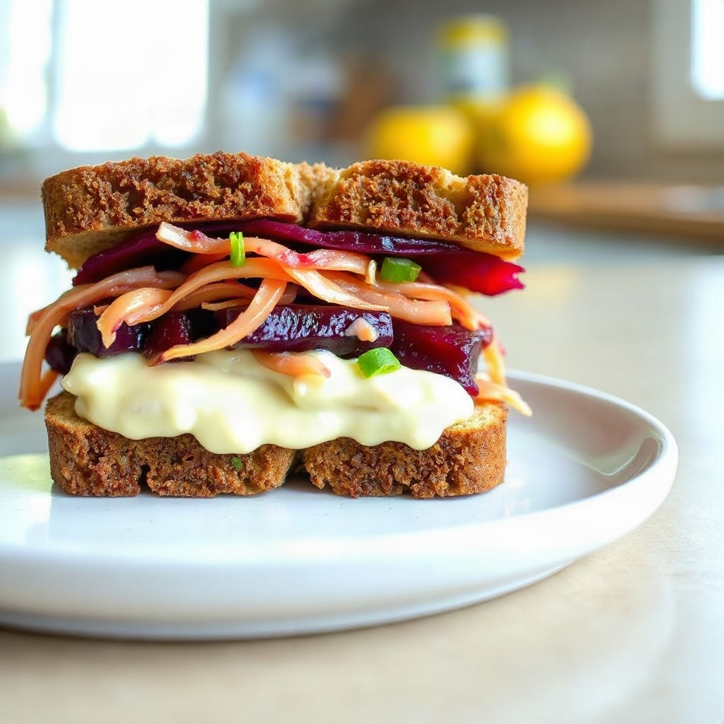 Beet Reuben Sandwich: The Gut-Healthy Vegetarian Twist 4 Raw ingredients for Beet Reuben Sandwich arranged in small bowls on a cutting board.