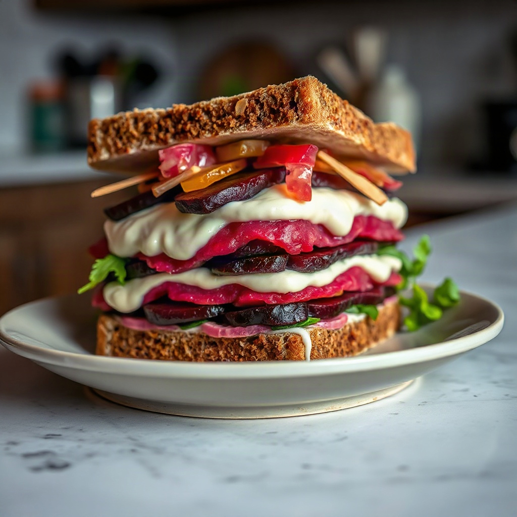 Beet Reuben Sandwich: The Gut-Healthy Vegetarian Twist 6 A plated Beet Reuben sandwich garnished with pickled vegetables and served with a side of coleslaw.