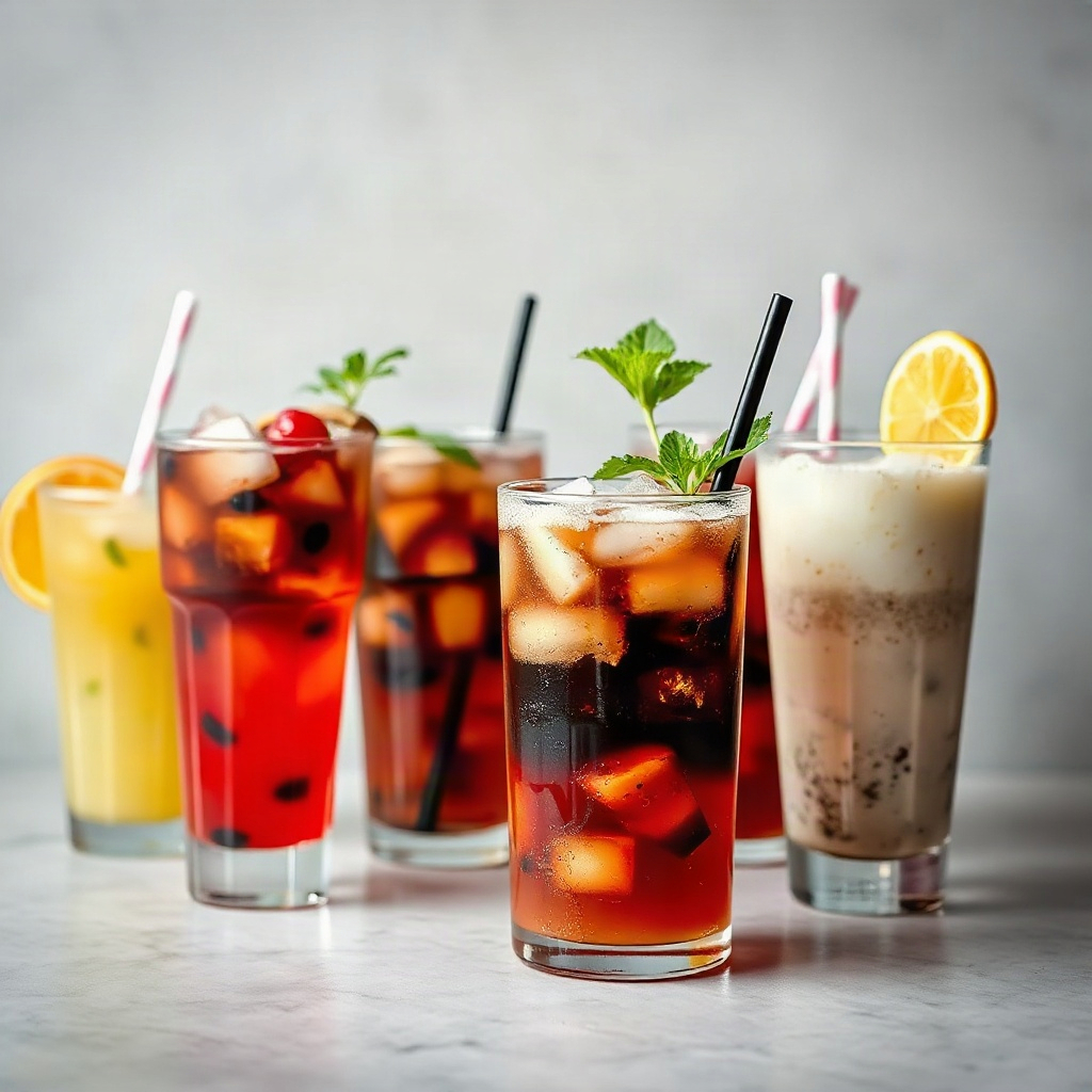 A plated dish showcasing various colorful dirty soda combinations with ice and garnishes.