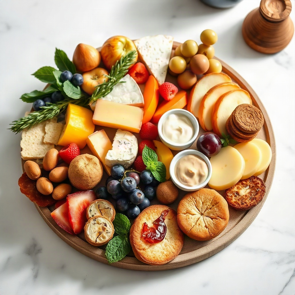 A beautifully arranged breakfast grazing board featuring an assortment of fruits, cheeses, and pastries.