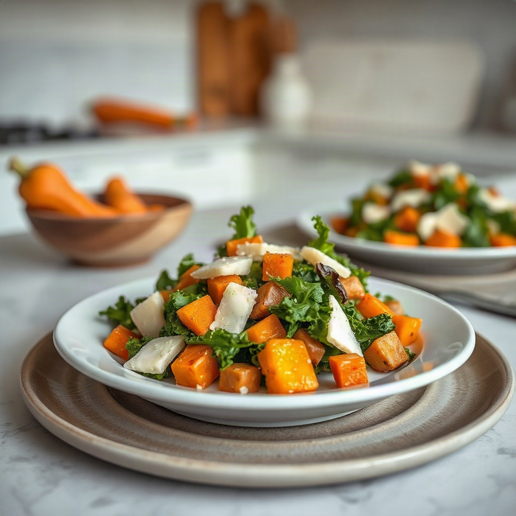 Harvest Caesar Salad: Butternut Squash, Crispy Parmesan & Kale 4 Raw butternut squash, crispy parmesan, and kale arranged in small bowls on a cutting board.