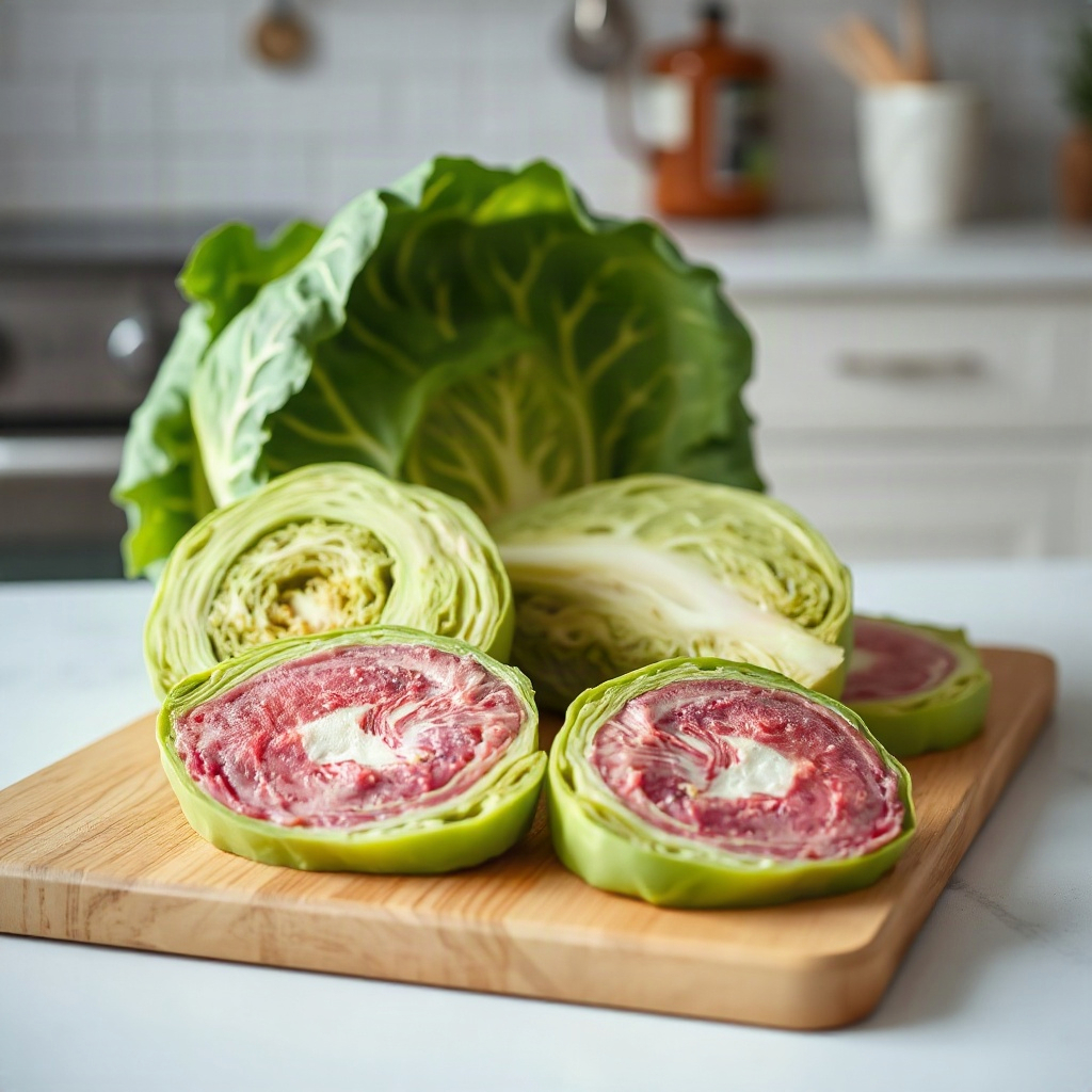 Cabbage Steaks: The Visually Stunning Vegetarian Dinner Trend 4 Raw ingredients for cabbage steaks, including cabbage, spices, and small bowls, arranged on a cutting board.