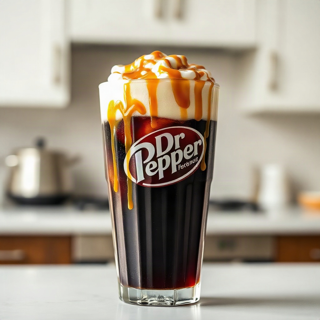 A finished Caramel Dirty Dr Pepper in a glass, showcasing its caramel color and fizzy texture. — caramel dr pepper