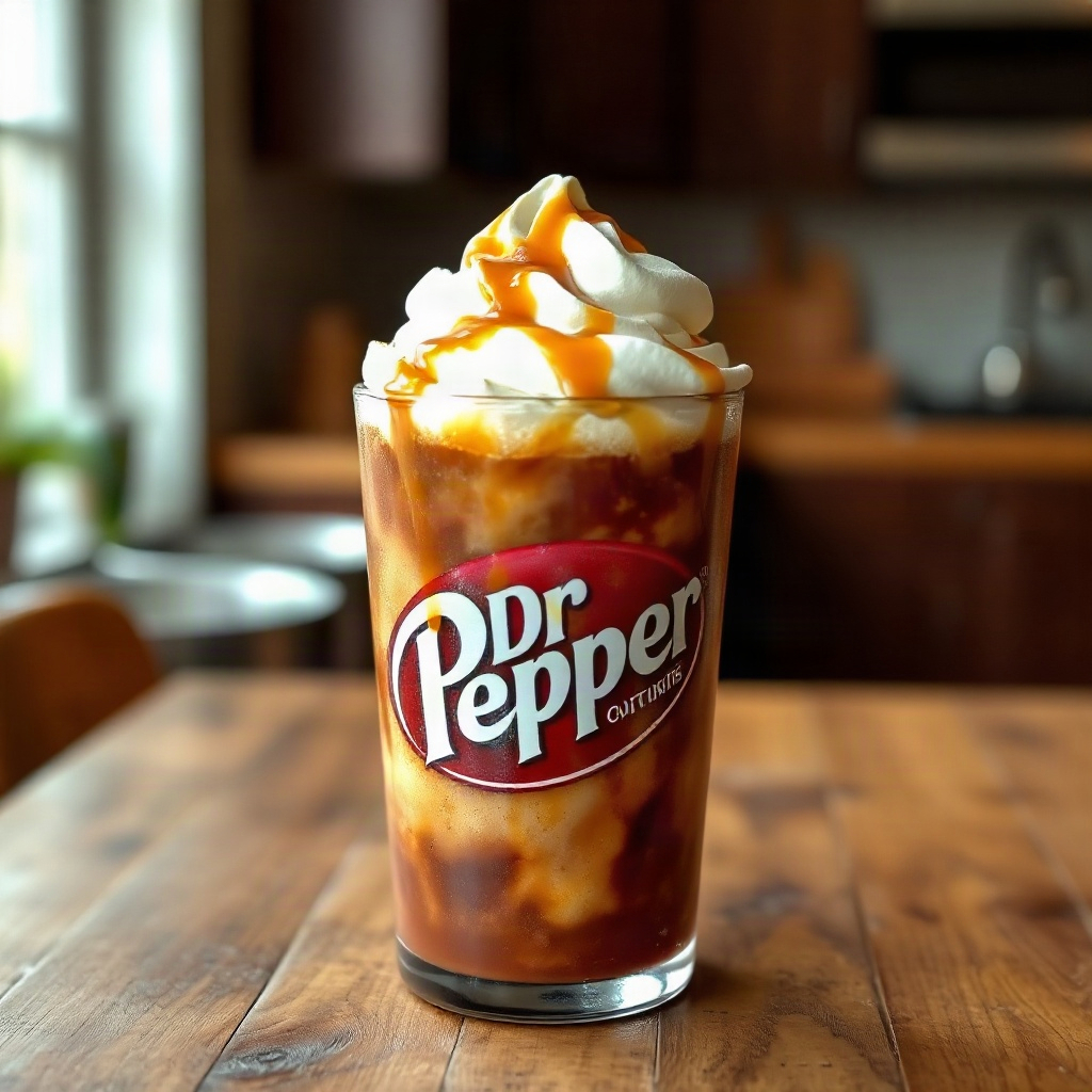 Caramel Dirty Dr Pepper Recipe: A Decadent Twist on the Viral Drink 6 A serving of Caramel Dirty Dr Pepper with whipped cream and caramel drizzle on top.