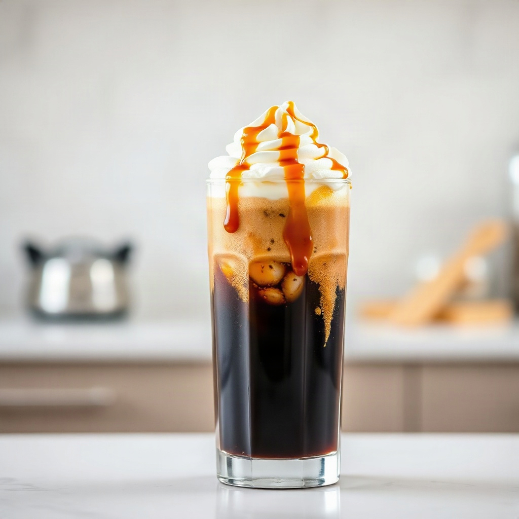 Caramel Dirty Dr Pepper Recipe: A Decadent Twist on the Viral Drink 4 Raw ingredients for Caramel Dirty Dr Pepper, including small bowls of caramel sauce and soda, arranged on a cutting board.