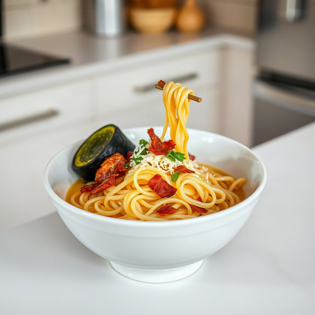 A bowl of Carbonara Buldak Ramen topped with cheese, scallions, and a fried egg, ready to be served.