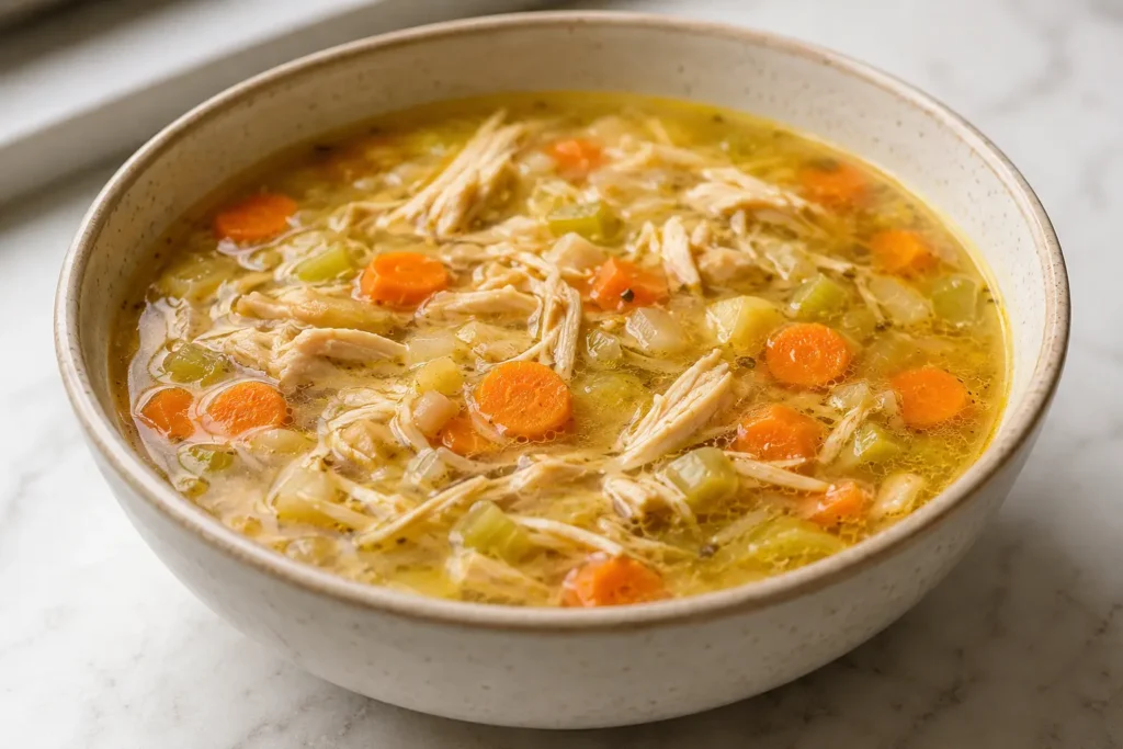 Slow Cooker Recipes 2 Homemade slow cooker chicken soup served in a bowl