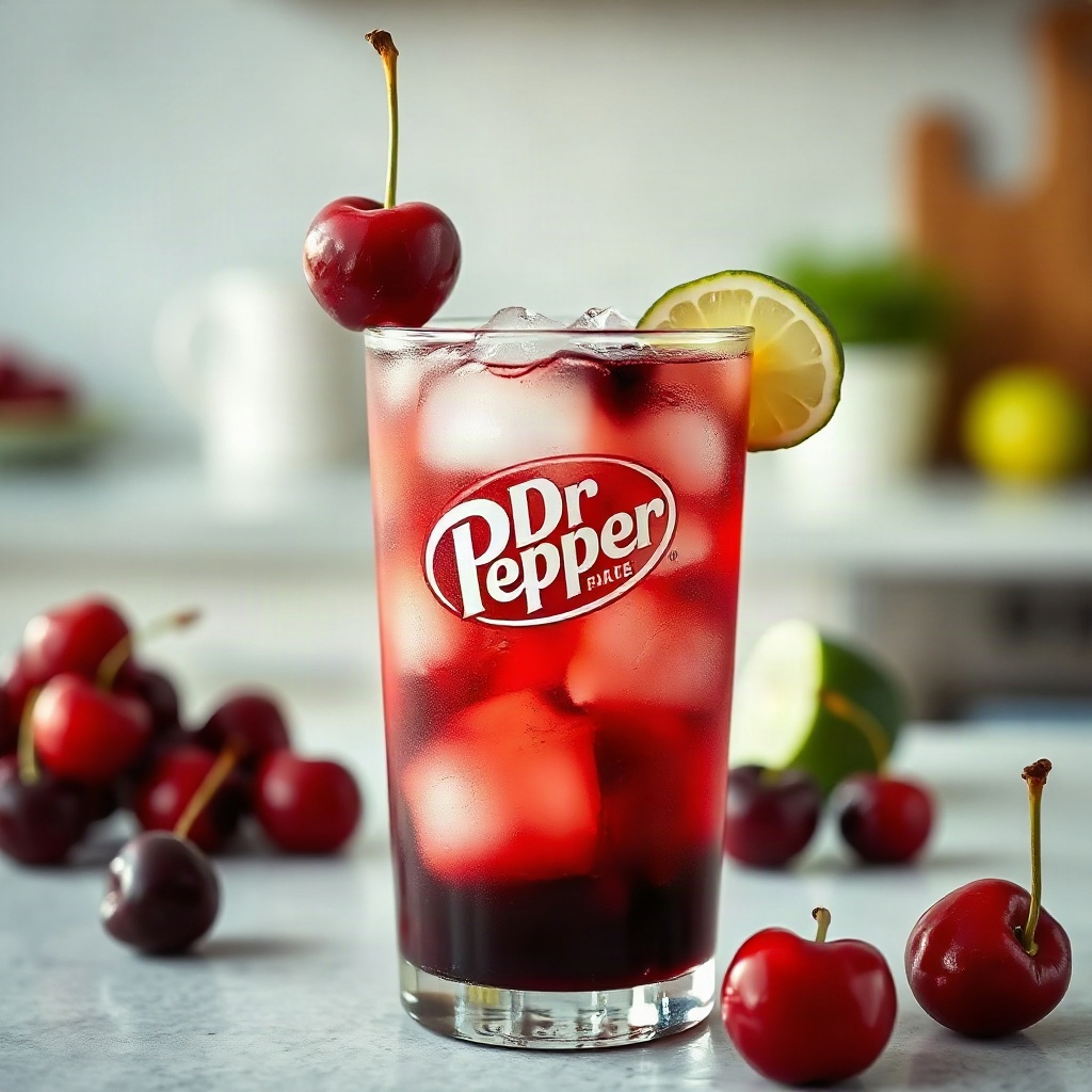 Cherry Dirty Dr Pepper Recipe: A Fruity Spin on the Viral Soda Trend 6 A serving of Cherry Dirty Dr Pepper topped with cherries and citrus slices in a glass.
