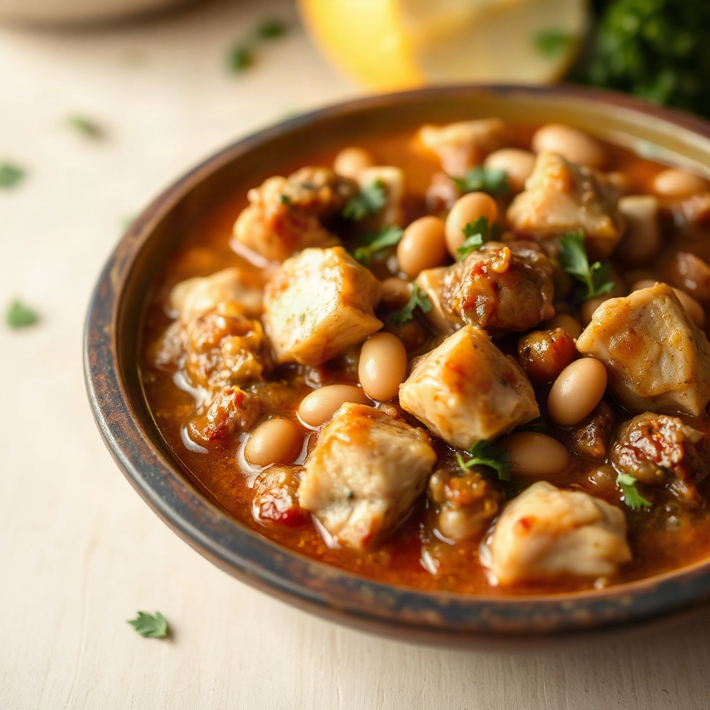 A finished plate of chicken and white bean stew, showcasing tender chicken pieces and white beans in a rich broth.