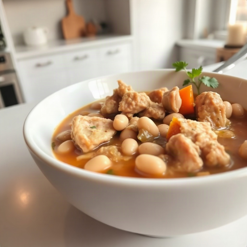 Chicken and White Bean Stew: One-Pot Wholesome Comfort 6 A bowl of chicken and white bean stew garnished with fresh herbs, served with crusty bread on the side.