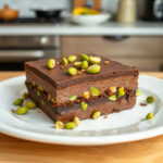 Finished chocolate pistachio dessert plated with a glossy chocolate glaze and crushed pistachios on top.