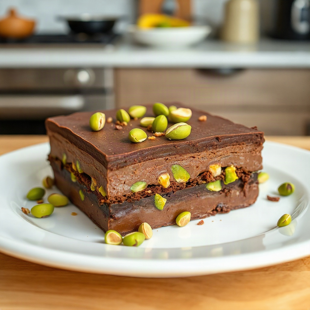 Finished chocolate pistachio dessert plated with a glossy chocolate glaze and crushed pistachios on top.