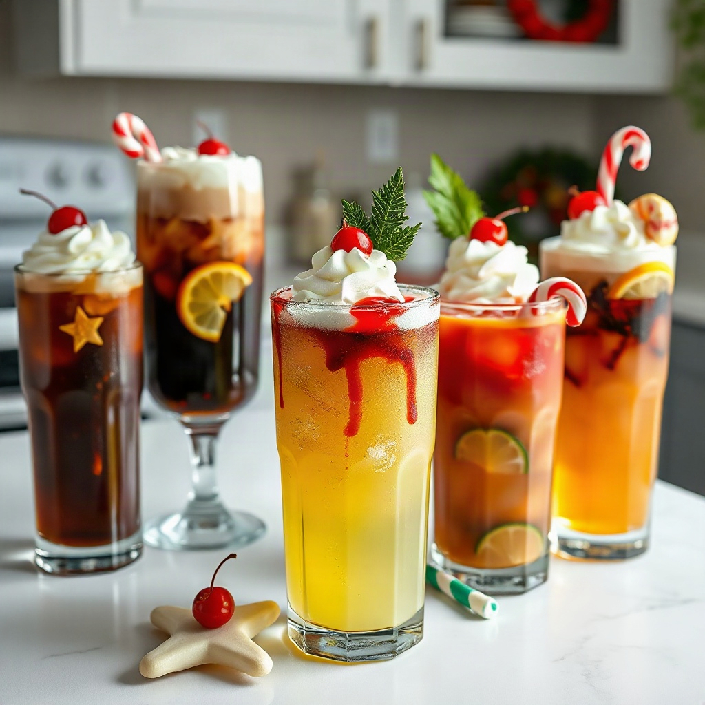 Christmas Dirty Soda Recipes: 10 Festive Drinks for the Holidays 6 Ten festive Christmas dirty soda drinks served with colorful garnishes, showcasing various toppings unique to each recipe.
