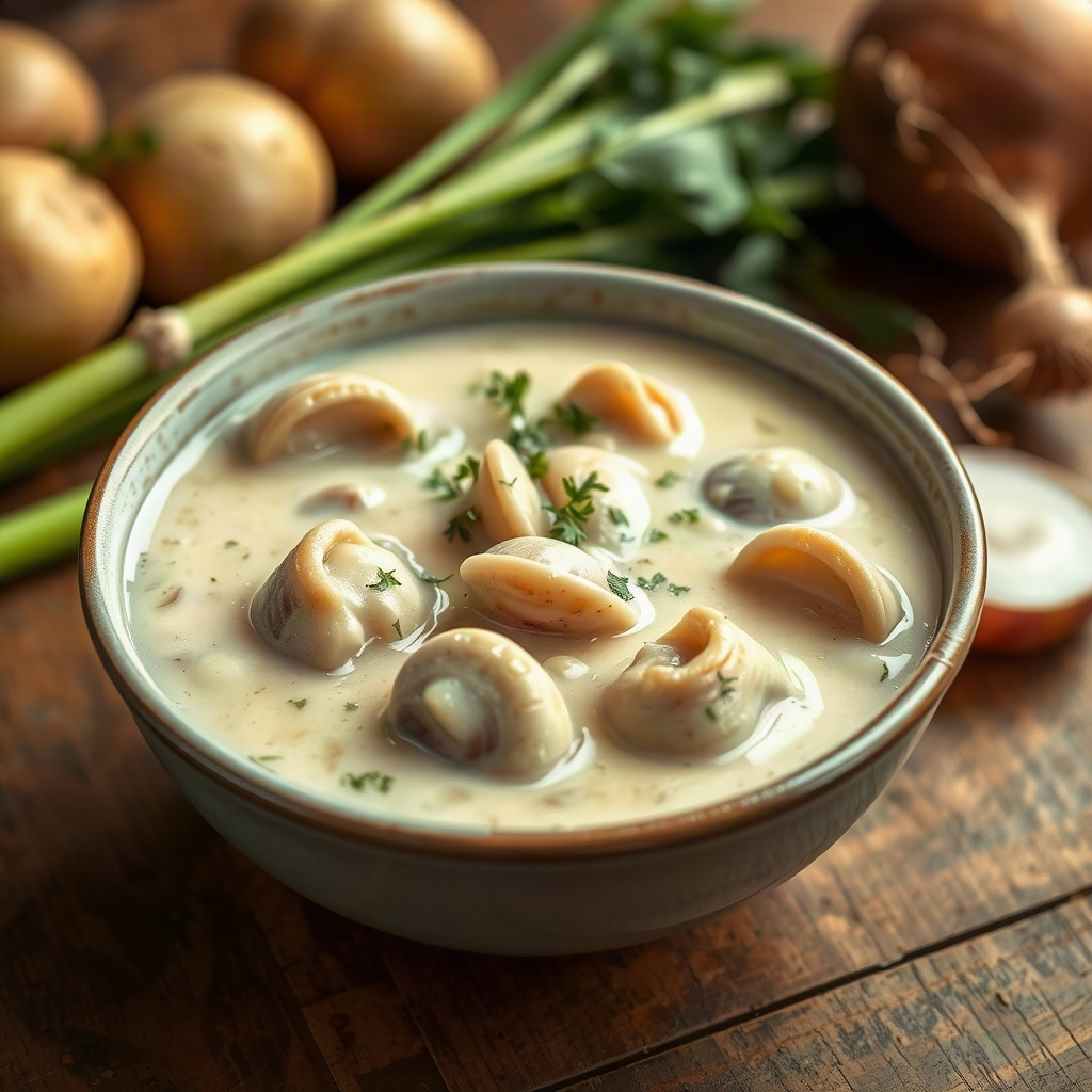 Classic Clam Chowder Recipes: The Comfort Food Surging on Pinterest 4 Raw ingredients for clam chowder including clams, potatoes, and onions in small bowls on a cutting board.
