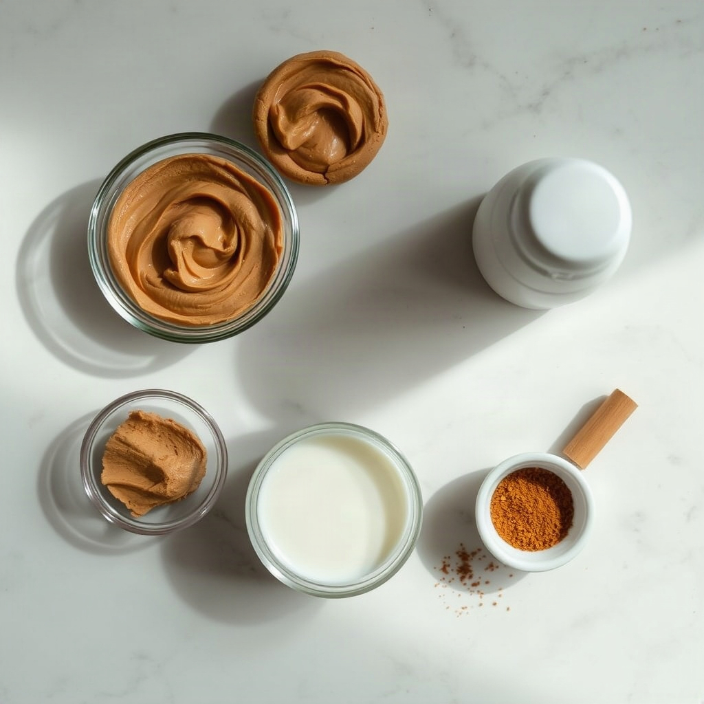 Raw ingredients for cookie butter cold foam in small bowls on a cutting board.