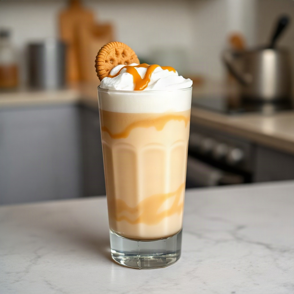 Cookie butter cold foam topped with whipped cream and cookie crumbles, served in a clear glass.