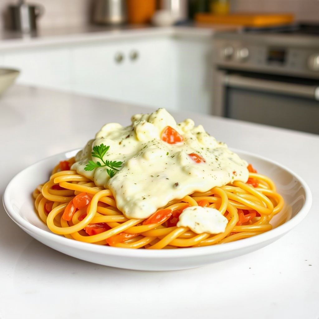 Finished plate of cottage cheese pasta sauce, showcasing its creamy texture and vibrant color.