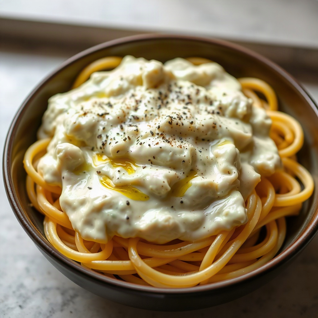 Cottage Cheese Pasta Sauce: The High-Protein Viral Hack 6 A bowl of cottage cheese pasta sauce topped with fresh herbs and served with pasta.