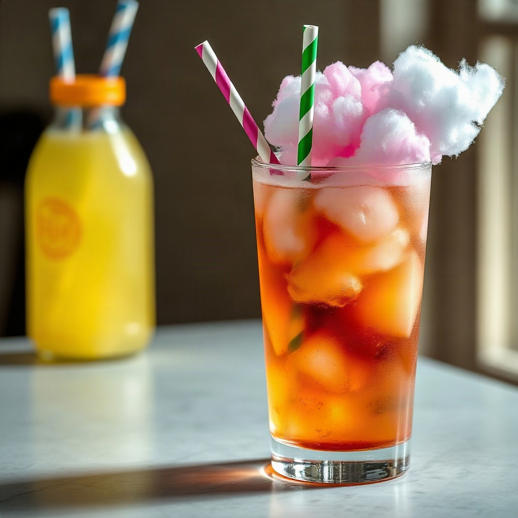 Slow Cooker Recipes 3 A vibrant glass of cotton candy dirty soda topped with colorful cotton candy and soda bubbles.