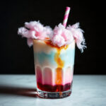 A colorful Cotton Candy Dirty Soda in a glass, topped with cotton candy, served as a finished dish.