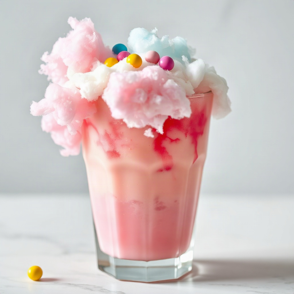 A colorful cotton candy dirty soda served with vibrant blue and pink toppings in a clear cup.