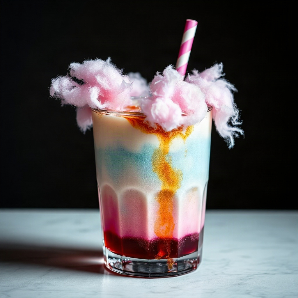 A colorful Cotton Candy Dirty Soda in a glass, topped with cotton candy, served as a finished dish.