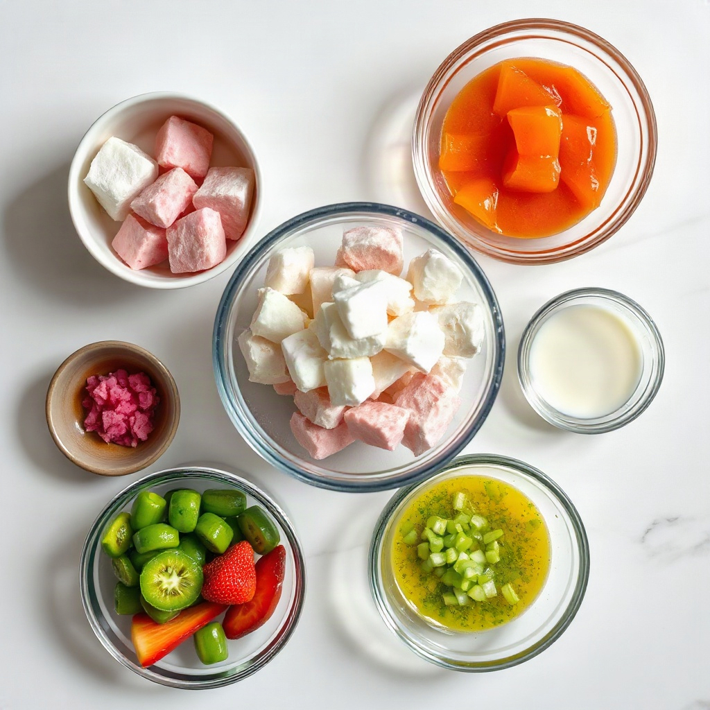 Raw ingredients for cotton candy dirty soda, including colorful bowls of syrup and soda arranged on a counter.