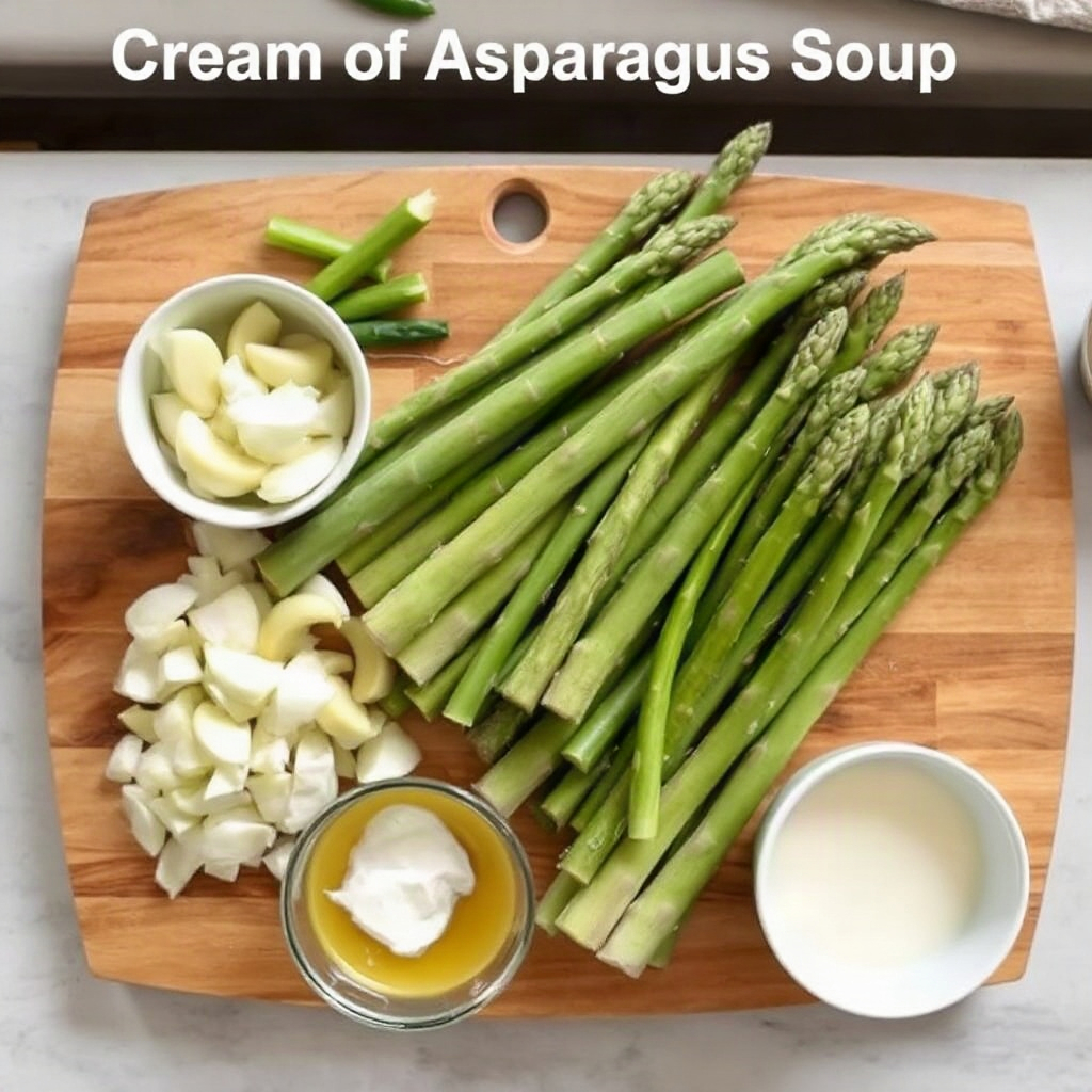 Raw ingredients for cream of asparagus soup including asparagus, onions, and garlic in small bowls.
