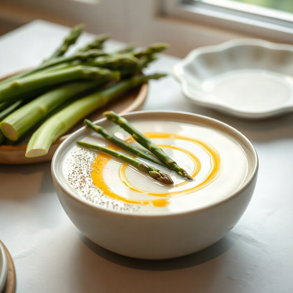 Bowl of cream of asparagus soup topped with fresh herbs and served with crusty bread.