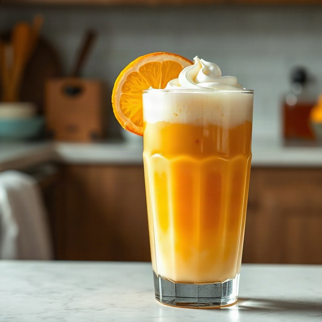 Creamsicle Dirty Soda Recipe: An Orange-Vanilla Dream in a Glass 6 A glass of Creamsicle Dirty Soda topped with whipped cream and orange slices, served with a colorful straw.