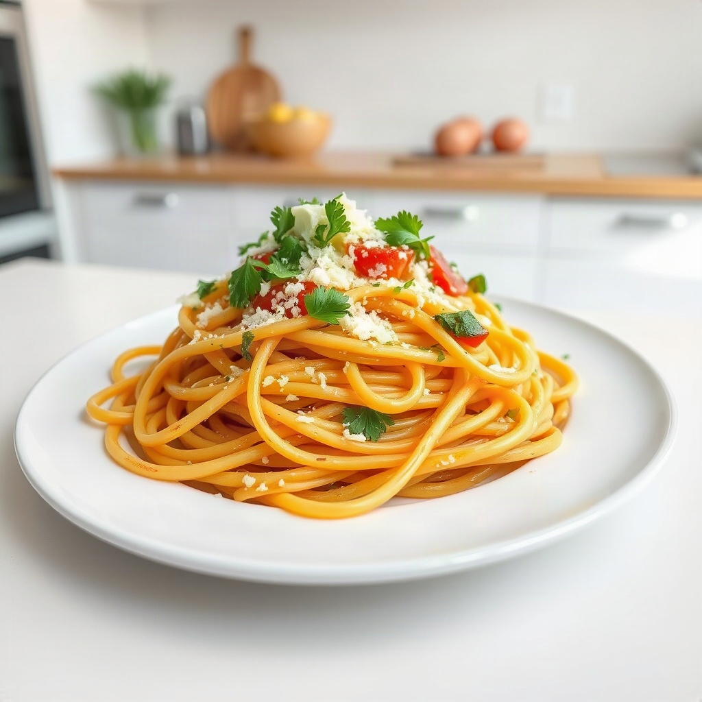 15 Creative Leftover Spaghetti Recipes 6 Plate of creatively served leftover spaghetti garnished with fresh herbs and colorful toppings.