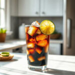 Finished Dirty Coke recipe served in a glass with ice and a lime wedge, showcasing the drink's rich color.