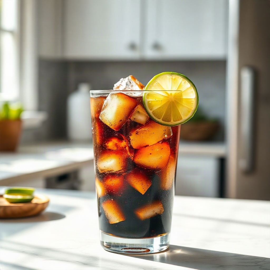 Slow Cooker Recipes 6 Finished Dirty Coke recipe served in a glass with ice and a lime wedge, showcasing the drink's rich color.