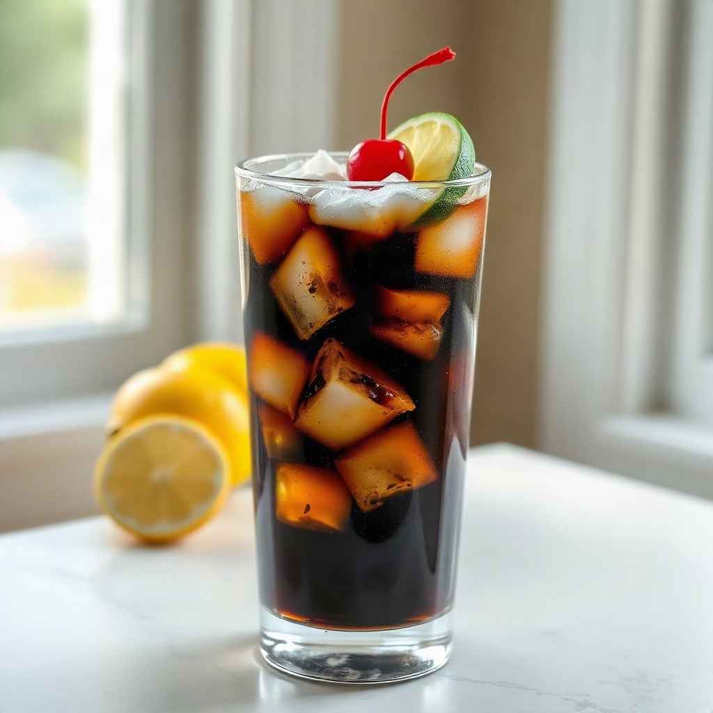 Finished Dirty Coke recipe served with ice and garnished with a lime wedge.