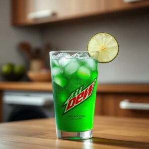 Finished Dirty Mountain Dew recipe in a glass with vibrant green color and ice, served as a hero shot.