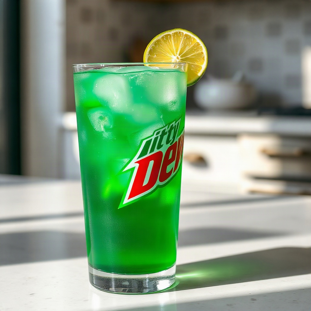 Dirty Mountain Dew Recipe: The Caffeinated Twist on Dirty Soda 4 Raw ingredients for Dirty Mountain Dew recipe, including small bowls of soda, lime, and ice arranged on a counter.