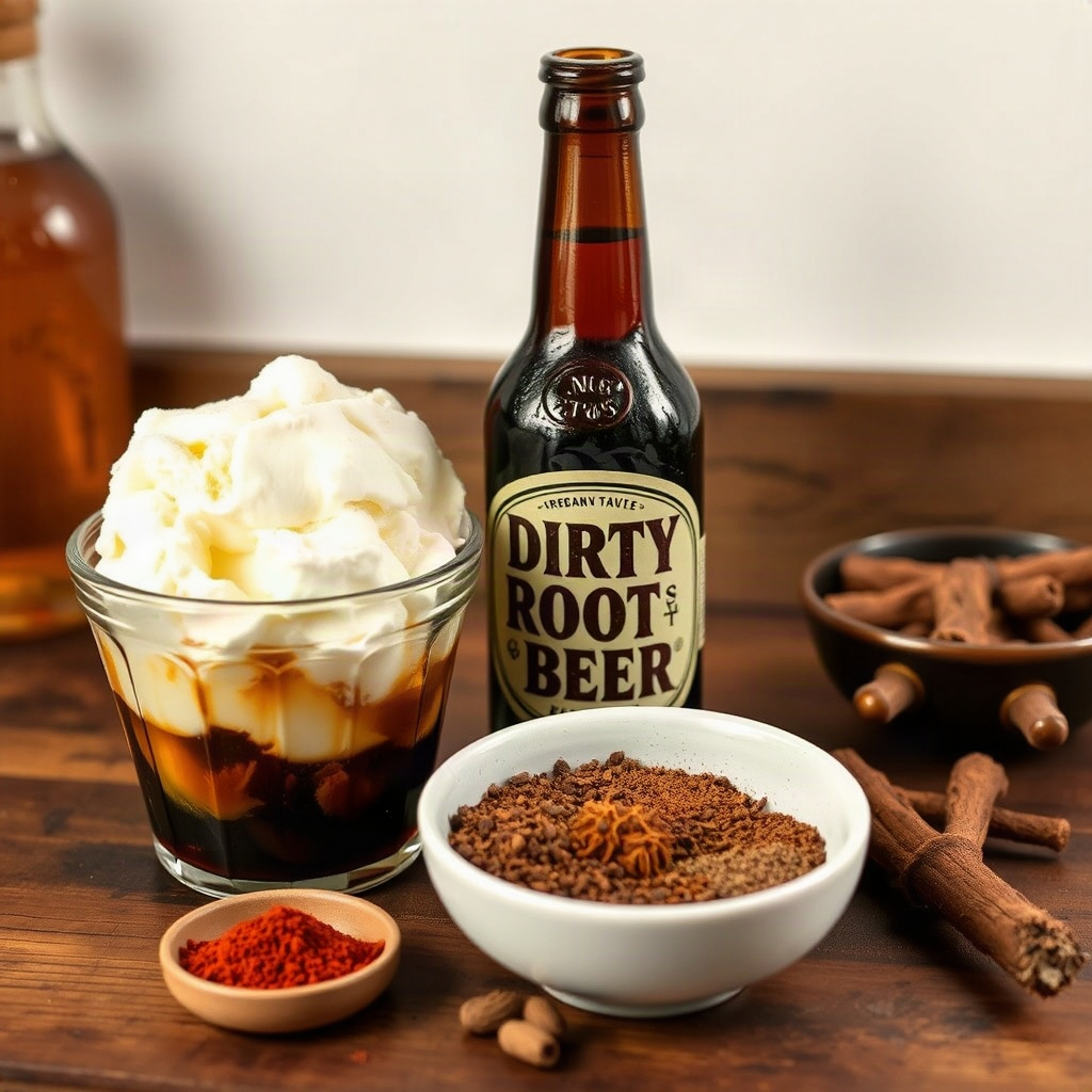 Dirty Root Beer Recipe: A Creamy, Spicy Take on the Viral Dirty Soda 4 Raw ingredients for Dirty Root Beer recipe arranged in small bowls on a counter.