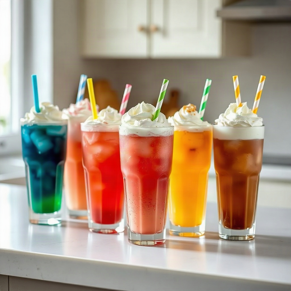 Various dirty soda combinations presented with colorful garnishes, showcasing mix-and-match ideas.