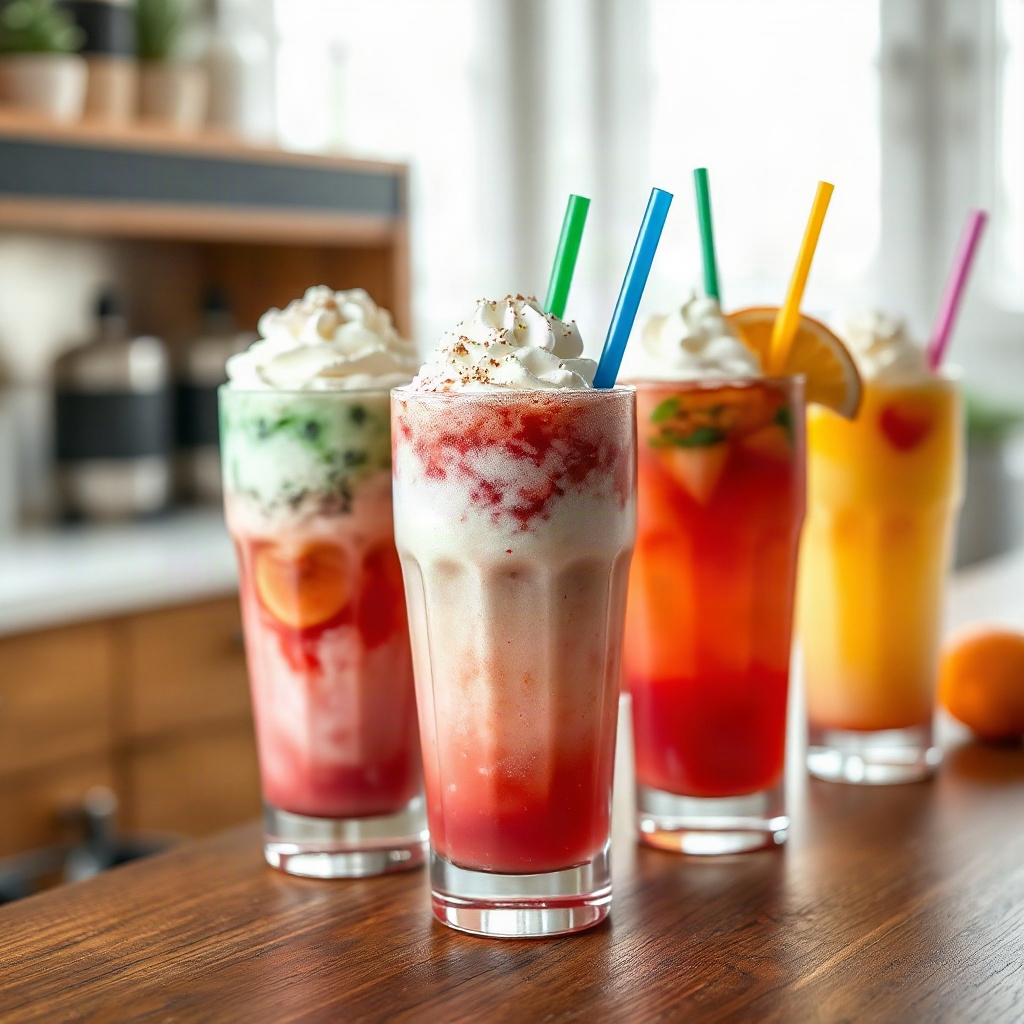 Dirty Soda Menu Ideas: 25 Flavor Combos for Your Next Party 6 A vibrant display of Dirty Soda drinks served with various toppings and garnishes, distinct from the hero shot.