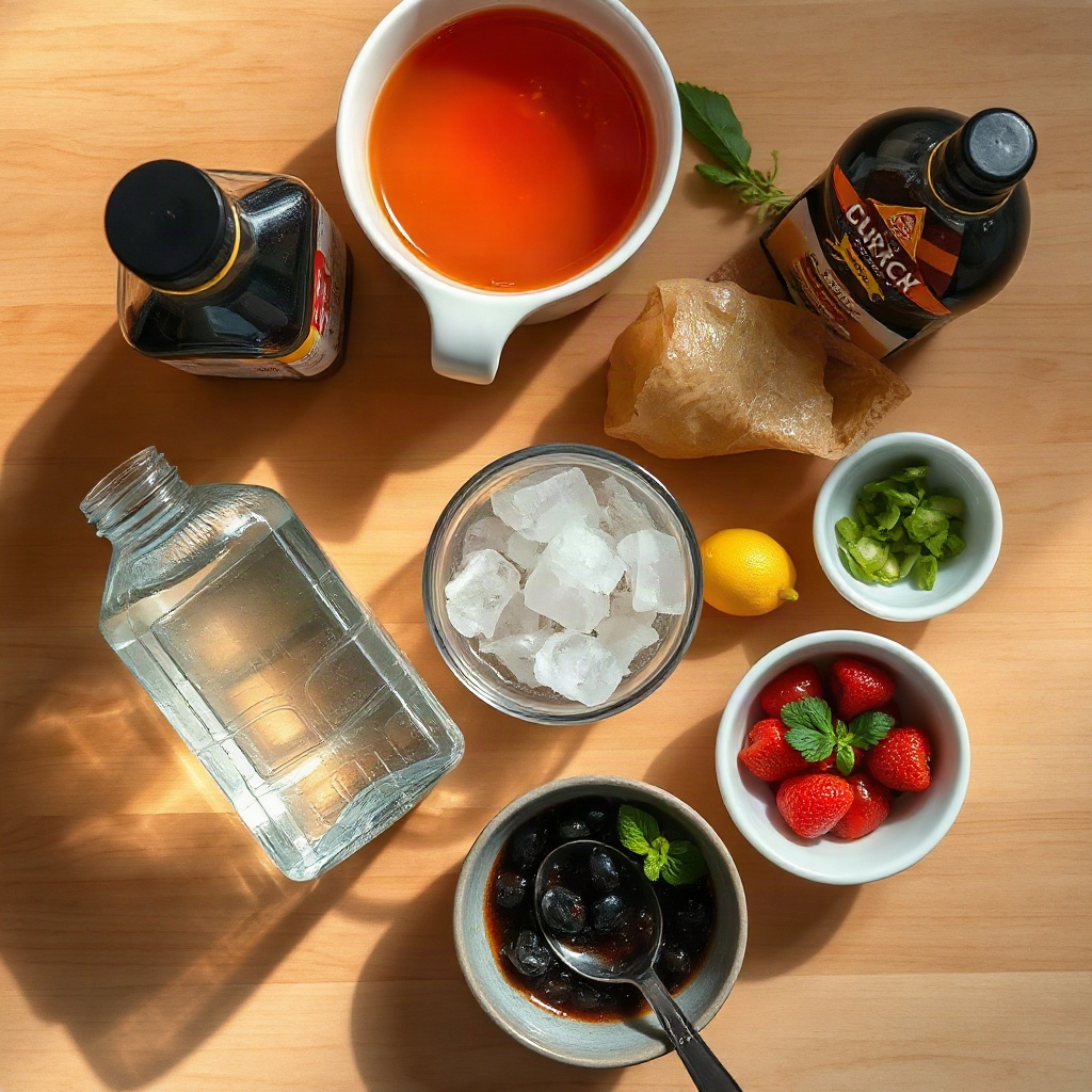Raw ingredients for making dirty soda, displayed in small bowls on a cutting board.
