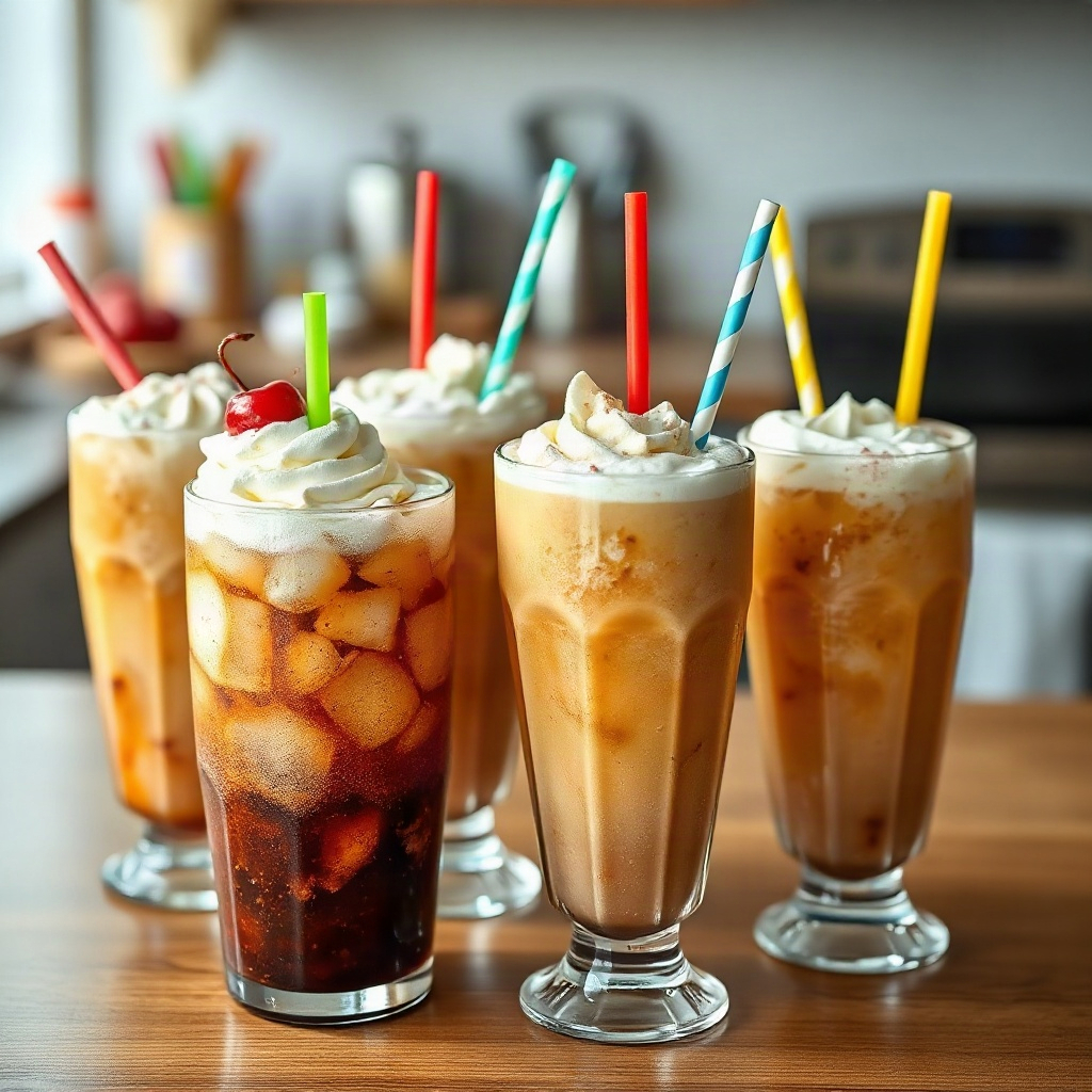 A variety of dirty soda drinks presented with colorful garnishes, showcasing unique toppings for each recipe.